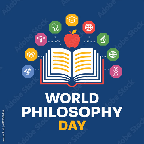 Vector art of world philosophy day celebration with an open book, an apple, and various educational icons representing different fields of knowledge and learning
