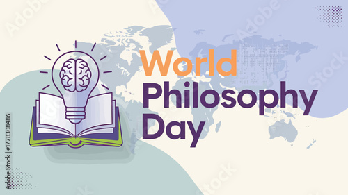 Vector art of world philosophy day depicted with an open book, a lightbulb containing a brain, and a world map background, signifying enlightenment and global philosophical thought