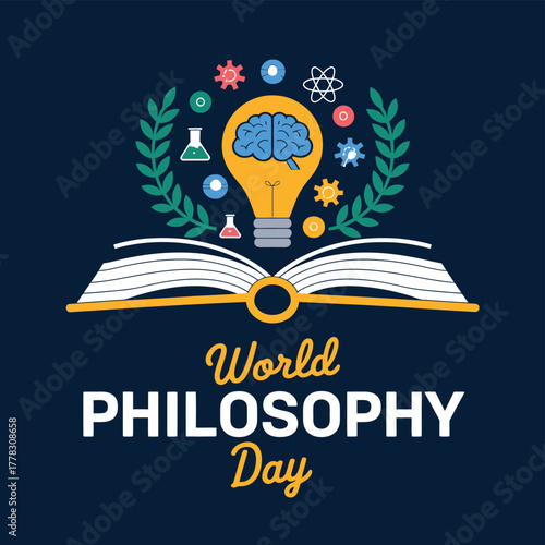 Vector art of world philosophy day celebration with an open book, a lightbulb with a brain inside, and laurel branches, symbolizing knowledge and wisdom