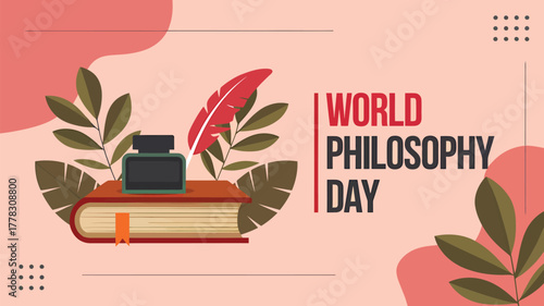 Vector art of world philosophy day celebration with a book, inkwell, and quill, symbolizing the study and writing of philosophical ideas