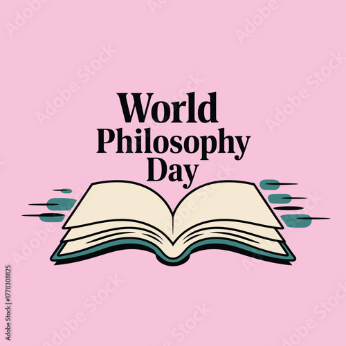 Vector art of open book with world philosophy day text, representing the pursuit of knowledge and intellectual exploration