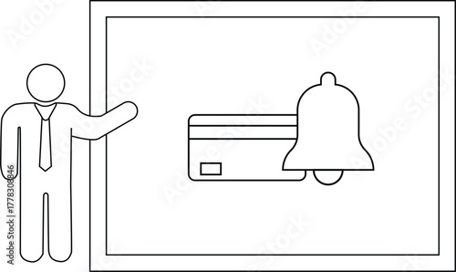 A person in front of a board featuring a credit card and a bell icon