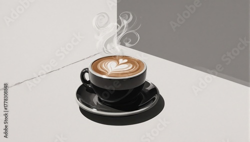 Elegant Black Coffee Cup with Latte Art and Rising Steam.