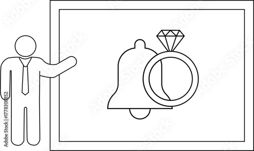 A person presents a board featuring a bell a ring and a diamond