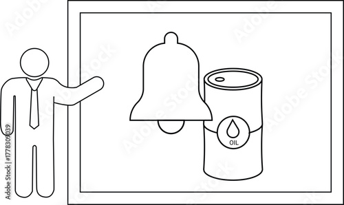 A presenter gestures toward a bell and oil drum within a framed illustration