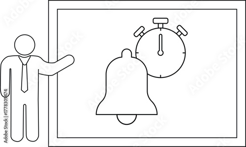 A stick figure gestures toward a frame containing a bell and a timer