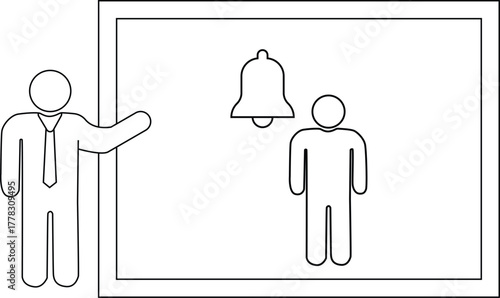 A stick figure gives a presentation about a person and bell inside a frame