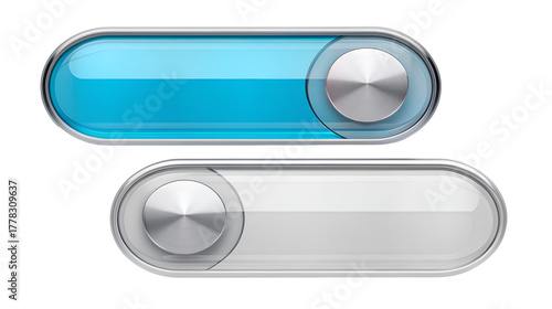 Glossy 3D toggle switch buttons showing both the active blue 'On' state and the inactive gray 'Off' state isolated on transparent background