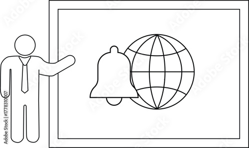 A stick figure stands beside a framed image of a bell and globe