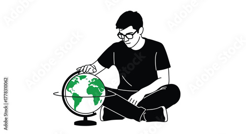 Man with globe illustration travel planning world geography education editable