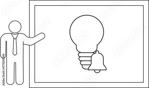 An instructor presents a chalkboard with a lightbulb and bell drawing