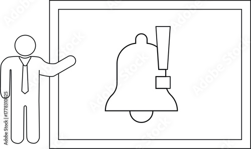 Figure points to bell on board outlined in black