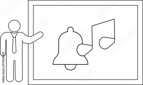 Framed whiteboard sketch stickfigure presenter with bell  music note symbols