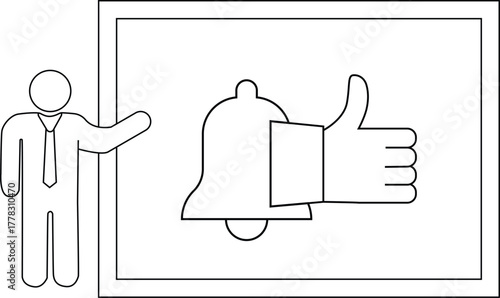 Icon graphic stick figure presents a frame with a bell and a thumbsup symbol