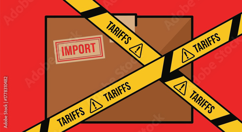 Import tariffs and trade war concept with box and warning tape art editable