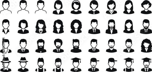 Avatar icon set, diverse human profile illustrations, black and white vector heads, hairstyle and outfit variations, user identity graphic collection