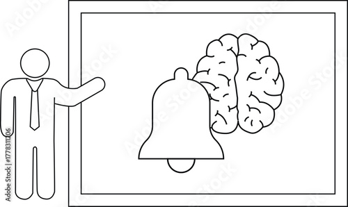 Man points to a bell  brain drawing on a whiteboard