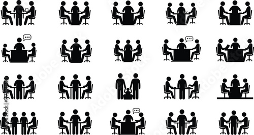 Business meeting silhouettes, people sitting around table icons, teamwork and communication symbols, group discussion vector illustration, corporate collaboration design, abstract office concept