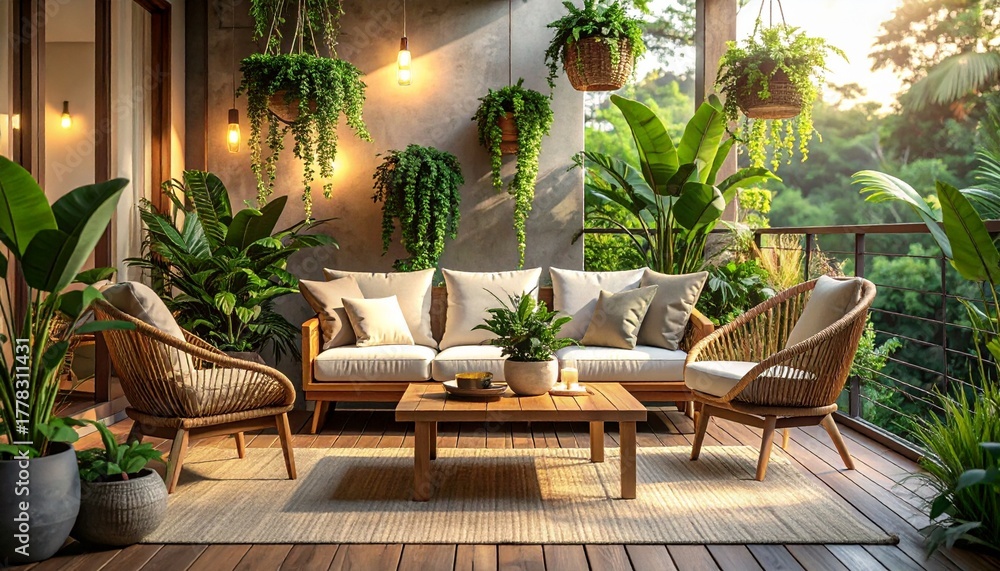 Fototapeta premium A tropical outdoor lounge with rattan furniture, hanging lights, and lush greenery. Warm tones and natural textures create a serene, cozy retreat surrounded by vibrant plants and wooden details