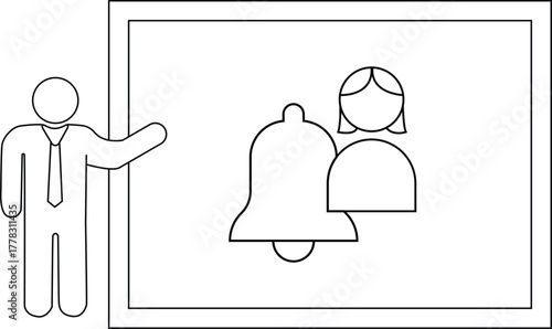 Man stands beside a framed graphic with a bell and person icon all in black outline