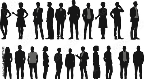 Business people silhouettes, standing poses, diverse group illustration, teamwork concept, 