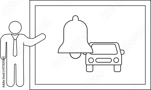 Presentation board showing a car under a bell next to a stick figure presenter