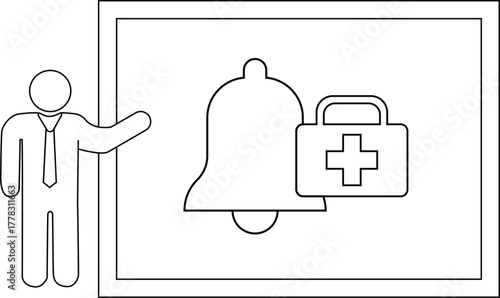 Presentation Person gesturing toward a board with a bell  first aid kit icon