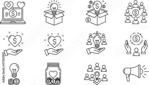 Crowdfunding and donation icon set, black and white vector symbols for fundraising, financial support, innovation, and community-based giving campaigns