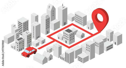 Isometric city navigation with car and location pin destination route editable