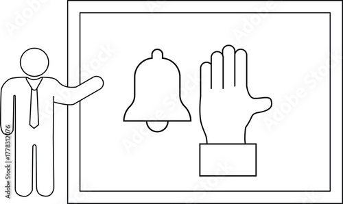 Stick figure pointing at board w bell  hand icons