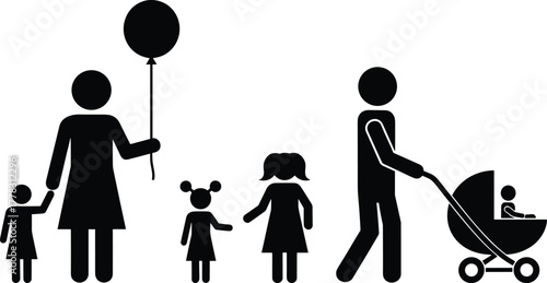 Family silhouette illustration, parents with children, stroller and balloon icons, black vector design, caregiving concept, minimal people pictogram set
