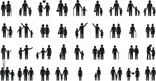 Family silhouettes, parents and children icons, diverse family structures, love and affection symbols, lifestyle concept, vector illustration, social relationship design, inclusive demographic artwork