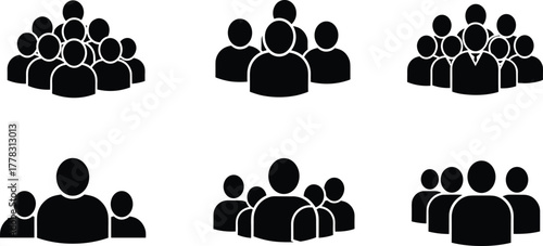 Group formation icon set, black vector silhouettes of people in various team and community layouts, minimal social interaction design