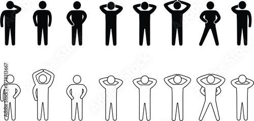 Human body posture silhouette icons, outline gesture figures, standing man poses, confident stance, hands on hips, head touch, vector illustration set