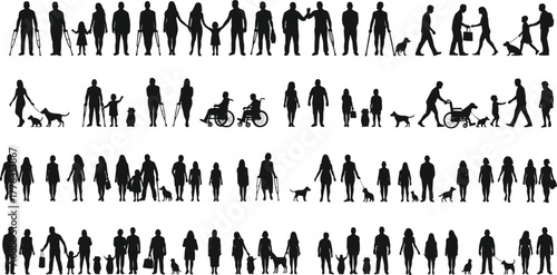 Inclusive silhouette set, diverse people and activities, black vector figures with mobility aids, pets, strollers, family and community interaction icons