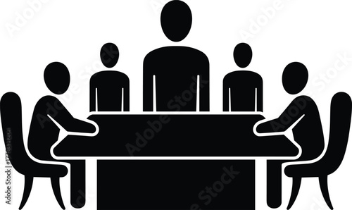 Meeting silhouette illustration, business discussion around table, leadership and teamwork concept, black vector icons, professional collaboration scene