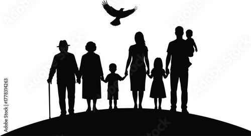 Multi-Generational Family Silhouette Standing Together on Hill – Unity, Heritage, and Togetherness Concept