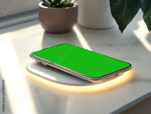 Wallpaper Mural Smartphone charging wirelessly on a pad with vibrant green screen display Torontodigital.ca