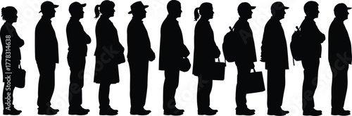 Queue silhouette icon set, diverse people standing in line, black vector figures with bags, hats, and varied postures, minimal social behavior design