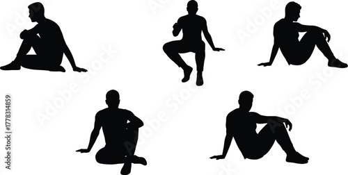 Seated male silhouette pose set, black vector icons of relaxed and expressive sitting postures for art reference, gesture, and body language