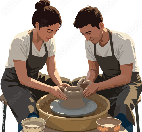 Couple Working Together on Pottery Wheel with Clay