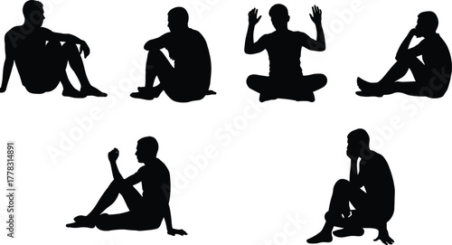 Seated male silhouette set, black vector icons of relaxed and expressive sitting poses, posture and gesture illustrations for art and body language