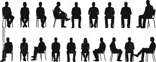 Seated people silhouette set, diverse sitting poses, black vector icons, posture and body shape variety, minimal human figure illustration