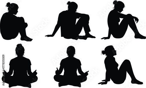 Seated posture silhouette set, black vector icons of meditative and relaxed sitting poses, introspective and casual human figure illustrations