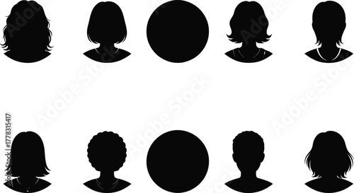 Silhouette human head icons, diverse male and female profiles, black face shapes, hairstyle variation, avatar placeholders, people identification, anonymous characters, vector illustration