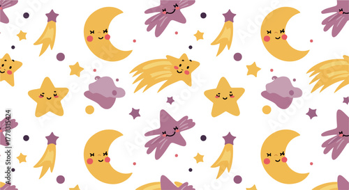Cute Crescent Moon and Star Pattern With Shooting Stars