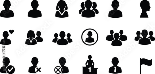 PSilhouette people icons, diverse human figures, social interaction symbols, group and individual concepts, business teamwork, leadership, achievement, community design, vector illustration