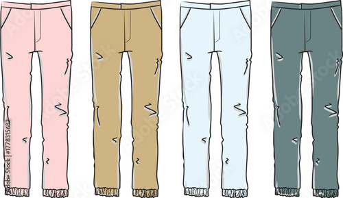 Colorful array of casual unisex pants in vector illustration, featuring stylish joggers in pink, beige, light blue, and grey-green, designed for comfort and modern apparel trends