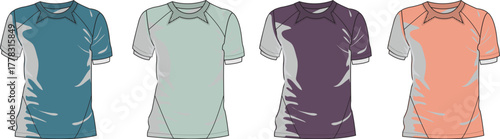 Set of colorful sports jersey t-shirt templates. Vector design for team uniforms, activewear apparel, and clothing mockups in blue, green, purple, and orange