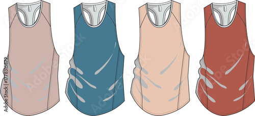 Technical flat sketch of a women's racerback athletic tank top with side ruching detail. Fashion vector template set in four colorways